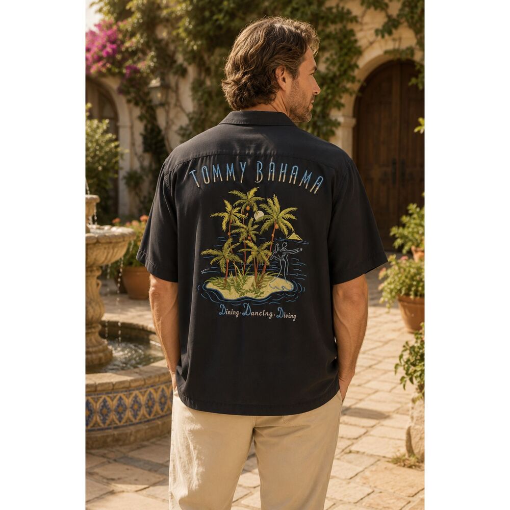 Tommy Bahama Embroidered Dining Dancing Diving Silk Camp Shirt Mens Medium Black